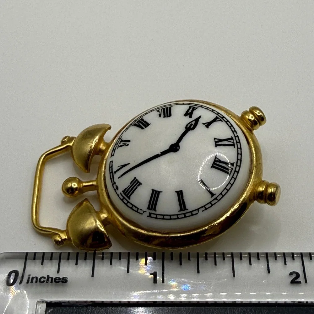 Vintage Gold Tone Alarm Clock Brooch Roman Numeral Face Novelty Pin